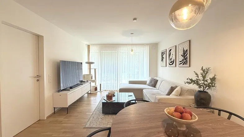Heller Wohn- und Essbereich mit modernem Sofa, Esstisch und Zugang zur Terrasse.