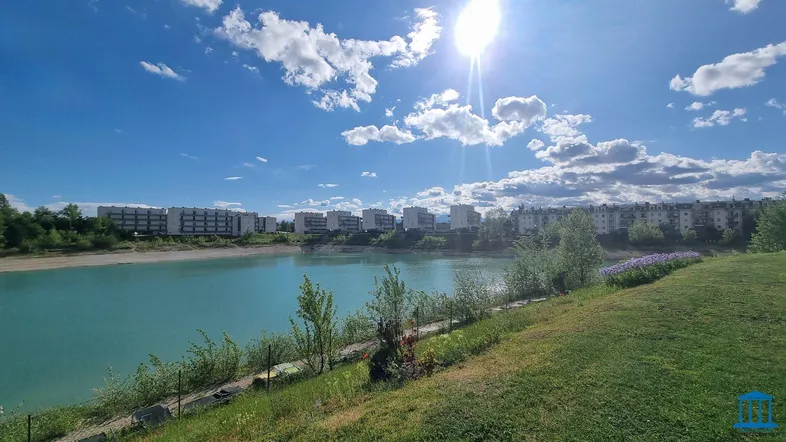 Sonniger Blick auf den See mit Wohngebäuden am gegenüberliegenden Ufer und grüner Uferlandschaft.
