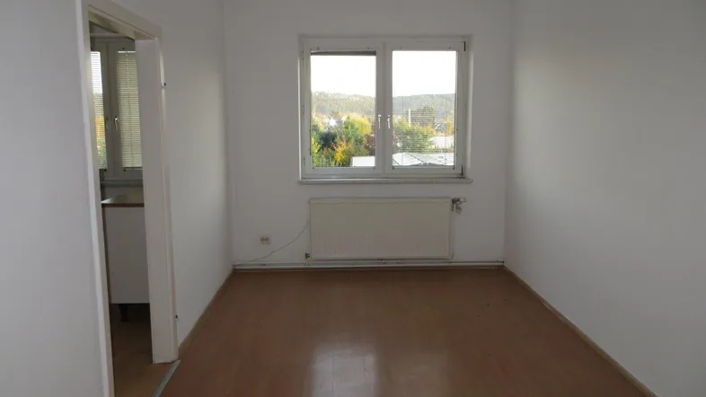 Helles Zimmer mit Holzfußboden und Blick ins Grüne, ideal als Wohn- oder Schlafzimmer.