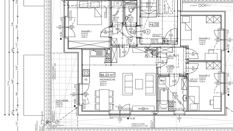 Detaillierter Grundriss einer modernen Wohnung mit drei Zimmern, Wohnküche und Dachterrasse.