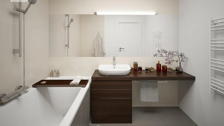 Modernes Badezimmer mit Badewanne, integriertem Waschbecken und beheiztem Handtuchhalter.