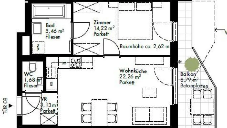 Detaillierter Grundriss einer Wohnung mit offener Wohnküche, Schlafzimmer, Bad und großem Balkon.