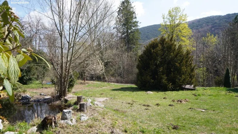 Weitläufiger Gartenbereich mit Teich, Bäumen und Blick auf die umliegende Hügellandschaft.