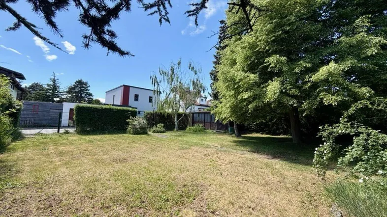 Großer Rasenbereich mit Bäumen und Blick auf ein modernes Haus im Hintergrund unter blauem Himmel.