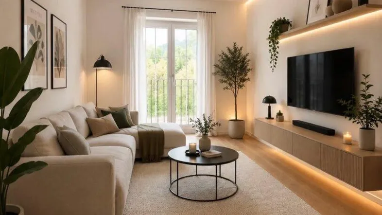 Helles Wohnzimmer mit modernem Design, Holzboden und Zugang zu einem französischen Balkon.