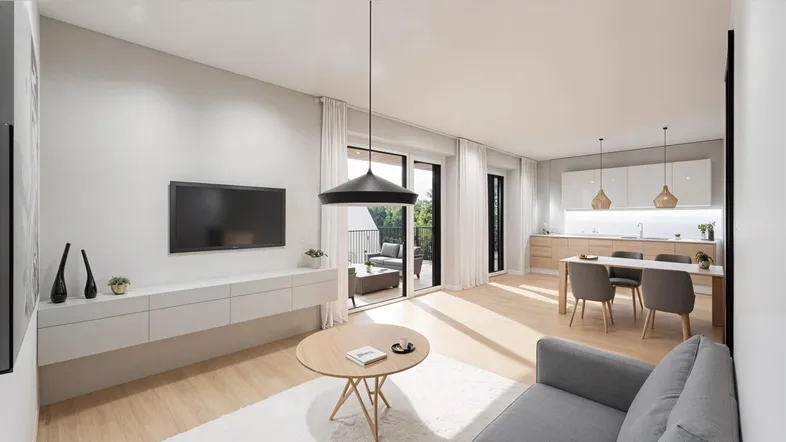 Heller, offener Wohn- und Essbereich mit integrierter Küche und Zugang zum Balkon.