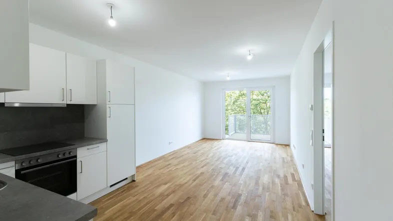 Heller offener Wohnbereich mit integrierter Küche, Parkettboden und Zugang zum Balkon.