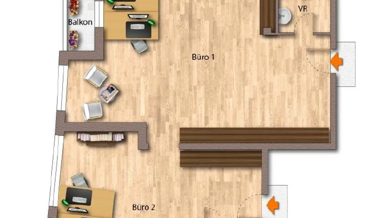 Grundriss mit zwei Büroräumen, einer Kochnische, zwei Toiletten und einem Balkon.