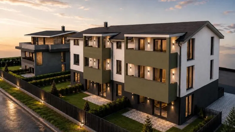 Moderne Wohngebäude mit Balkonen und kleinen Gärten bei Sonnenuntergang, umgeben von einer gepflegten Anlage.