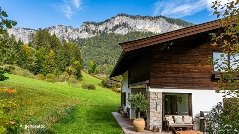 Traditionelles Haus mit Holzfassade und Steinelementen, kleiner Terrasse und beeindruckendem Bergblick.