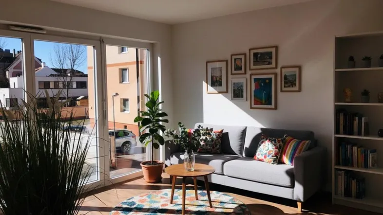Helles Wohnzimmer mit Holzboden, Sofa und Zugang zu einem Balkon oder einer Terrasse.