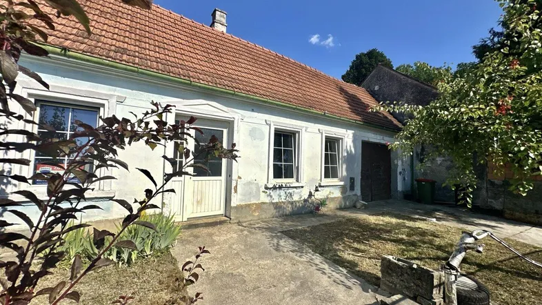 Altes Wohnhaus mit Putzfassade und Ziegeldach, umgeben von einem ungepflegten Vorgarten.