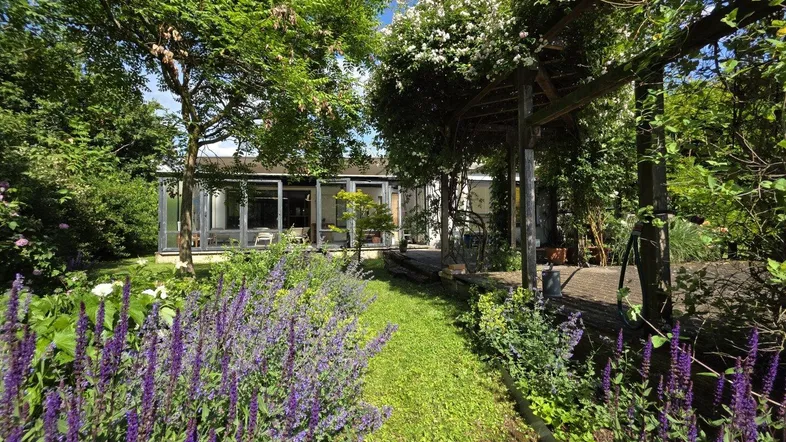 Grüner Garten mit blühenden Pflanzen, einem Rankgerüst und Blick auf das Haus mit großen Fenstern.