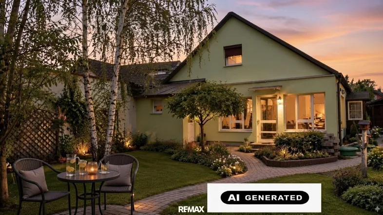 Gemütlicher Gartenbereich mit Sitzgelegenheiten und beleuchtetem Haus bei Sonnenuntergang.
