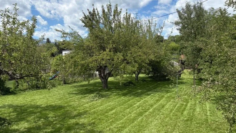 Gepflegter Garten mit Rasenfläche, Obstbäumen und einem Spielplatz im Hintergrund unter blauem Himmel.