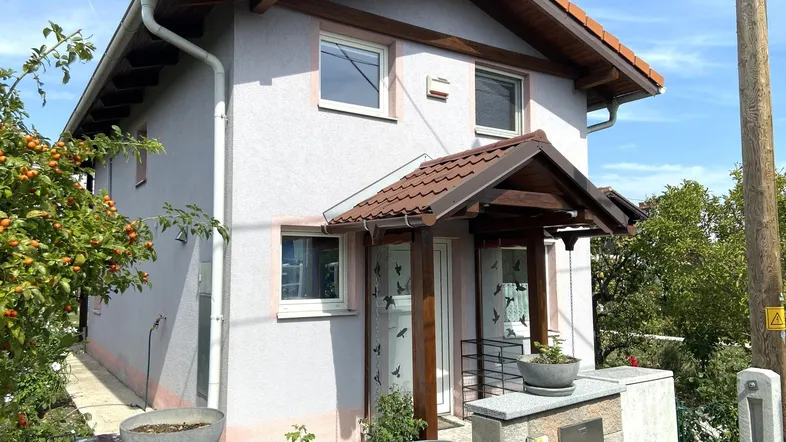 Vorderansicht eines Einfamilienhauses mit Satteldach und überdachtem Eingangsbereich.