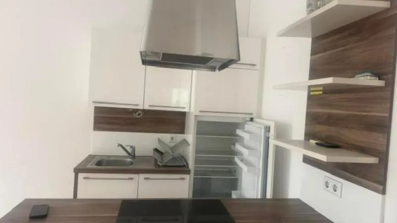 Kleine, moderne Küchenzeile mit Kochfeld, Dunstabzugshaube und integriertem Kühlschrank.