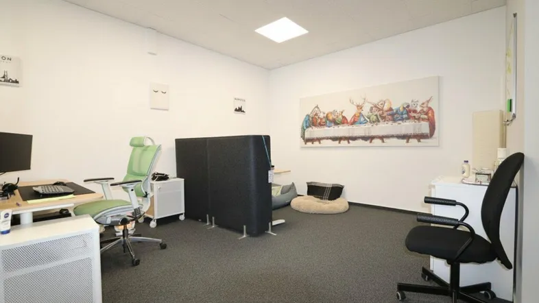 Modernes Büro mit grauen Teppichböden, ergonomischen Stühlen und kreativer Wandkunst, gut beleuchtet.