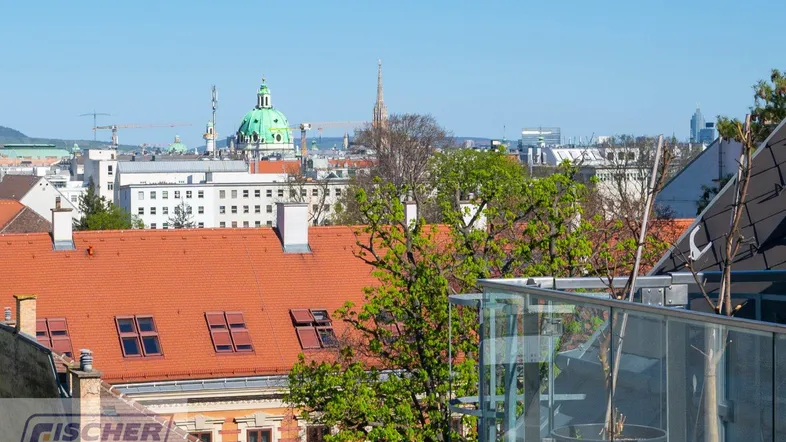 Panoramablick über die Stadt Wien mit historischen Gebäuden und grünen Dächern unter blauem Himmel.