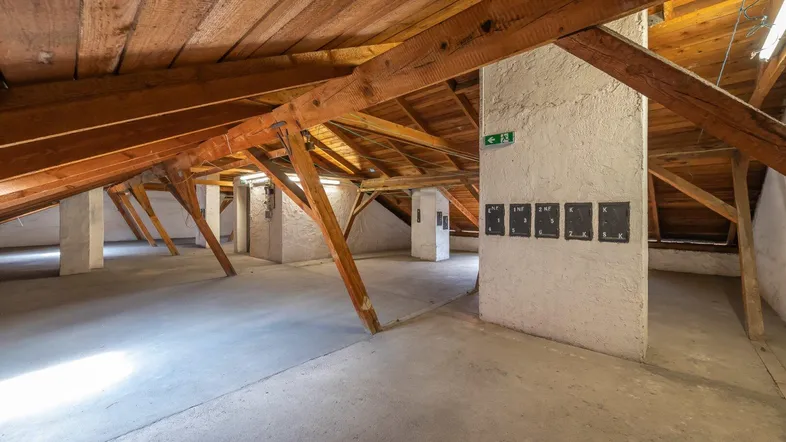Geräumiger Dachboden mit sichtbaren Holzbalken und Betonboden, bereit für den Ausbau.