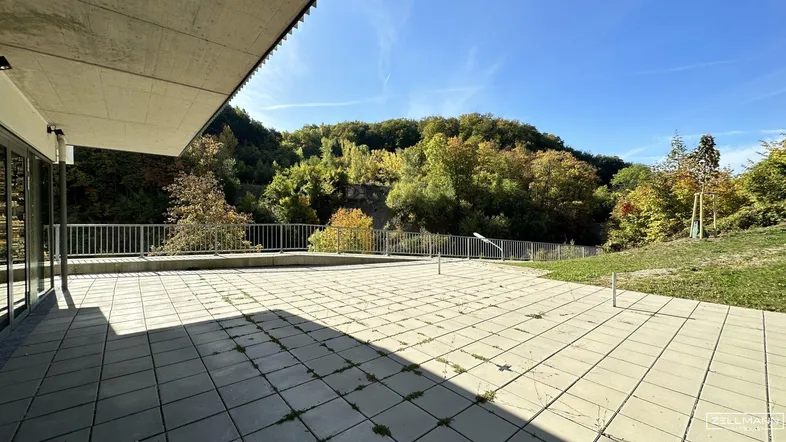 Große gepflasterte Terrasse mit Geländer und weitem Blick auf die bewaldete Hügellandschaft unter blauem Himmel.