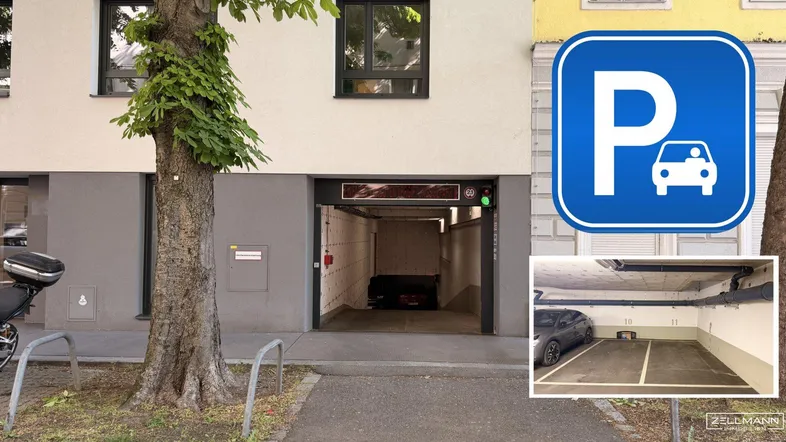 Eingang zur Tiefgarage mit einem freien Stellplatz und Parkplatzschild im Vordergrund.
