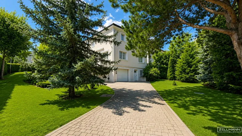 Zufahrt zur Garage der Villa, umgeben von üppigem Grün und hohen Bäumen unter blauem Himmel.