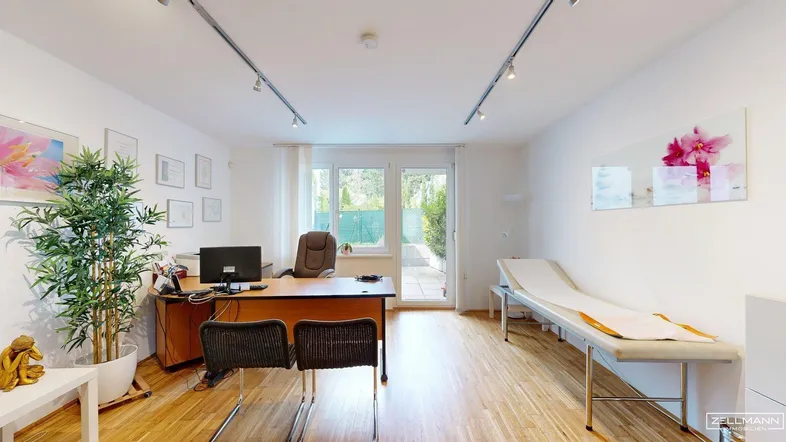Freundliches Behandlungszimmer mit Schreibtisch, Untersuchungsliege und Zugang zum Gartenbereich.