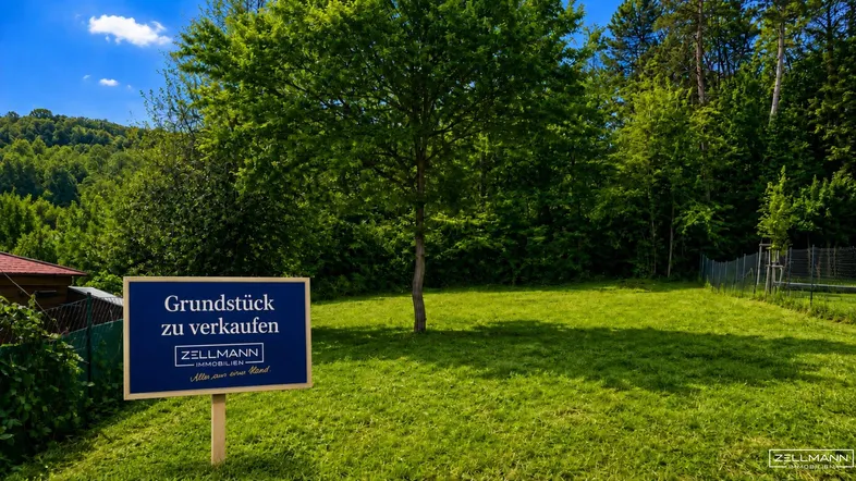 Weitläufiges grünes Grundstück mit Verkaufsanzeige, umgeben von dichtem Baumbestand.