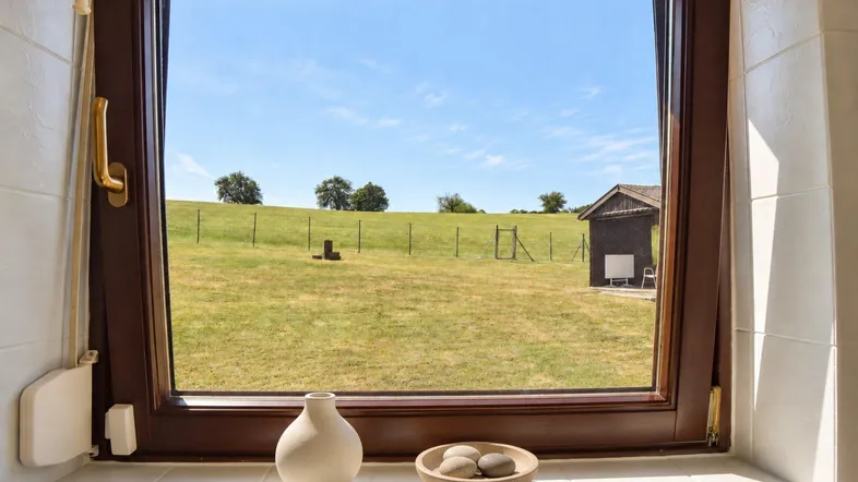 Blick aus einem Fenster auf eine weite grüne Landschaft mit Bäumen und einem kleinen Schuppen unter blauem Himmel.