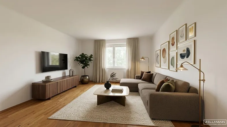 Modernes, helles Wohnzimmer mit Holzboden, beigem Teppich und stilvoller Dekoration.