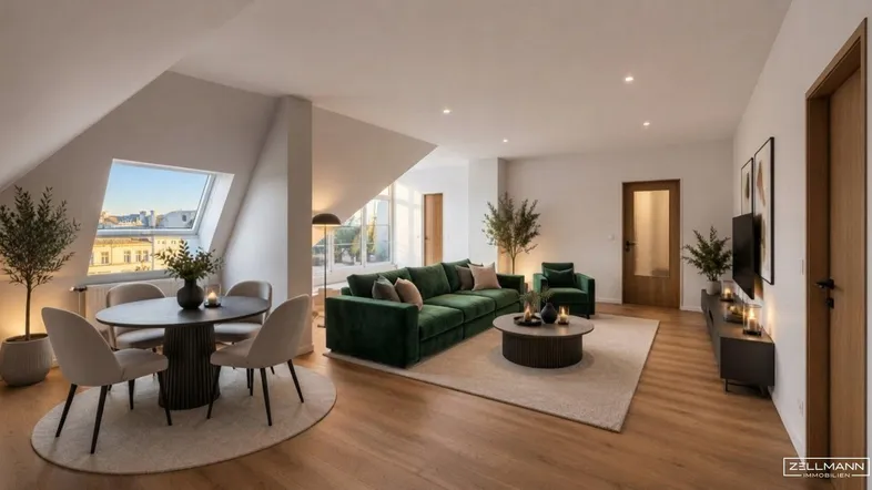 Geräumiger Wohn- und Essbereich mit Dachschrägen, Holzboden und moderner Einrichtung.