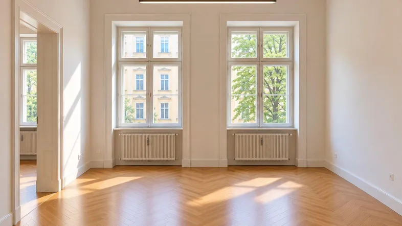 Helles, leeres Zimmer mit Fischgrätparkett, hohen Fenstern und Blick auf die Straße und Bäume.