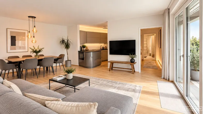 Helles, offenes Wohn- und Esszimmer mit moderner Küche und Zugang zur Terrasse.