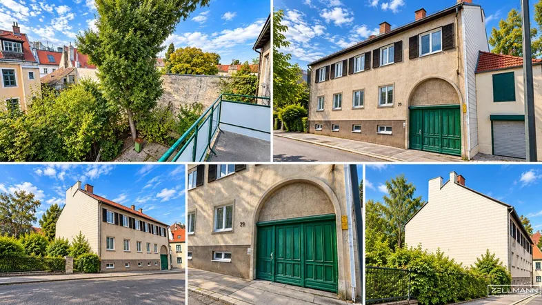 Mehrere Ansichten des Gebäudes von außen mit Fassade, Fenstern und einem kleinen Balkonbereich.