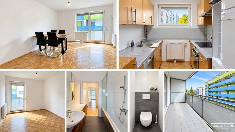 Collage zeigt verschiedene Räume der Wohnung wie Wohnbereich, Küche, Bad und den Balkon.