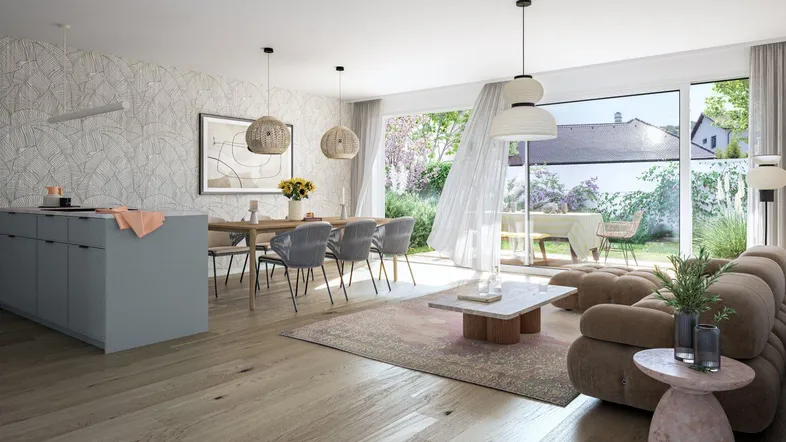 Heller offener Wohn- und Essbereich mit moderner Küche, Holzboden und Zugang zum Garten.