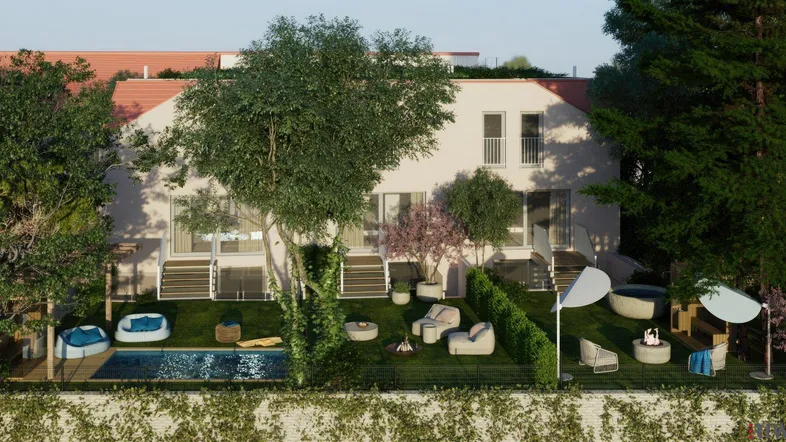 Visualisierung eines modernen Hauses mit privatem Garten, Pool und gemütlichen Sitzbereichen im Freien.