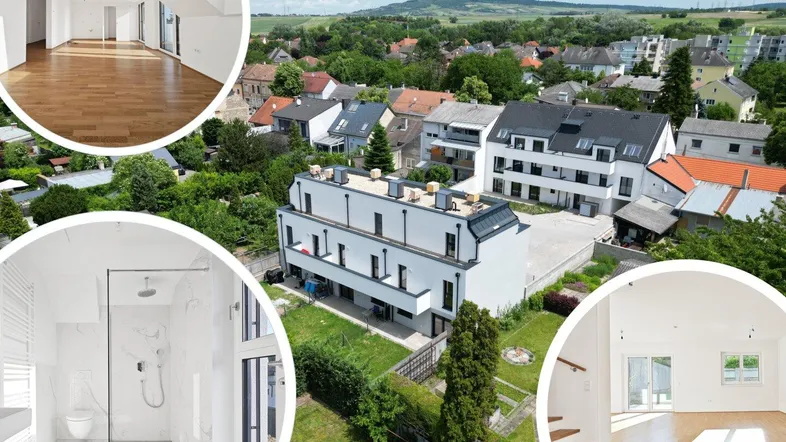 Luftaufnahme eines modernen Wohnkomplexes mit Einblicken in helle Innenräume und ein modernes Bad.