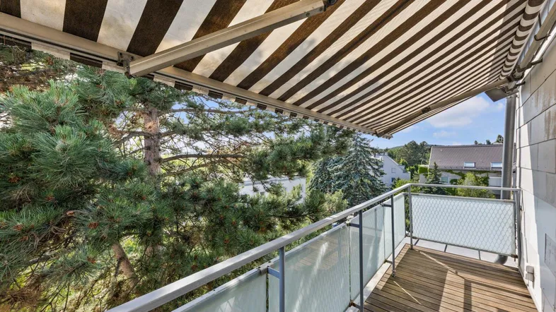 Balkon mit Holzboden, Glasgeländer und ausfahrbarer Markise, bietet eine grüne Aussicht.