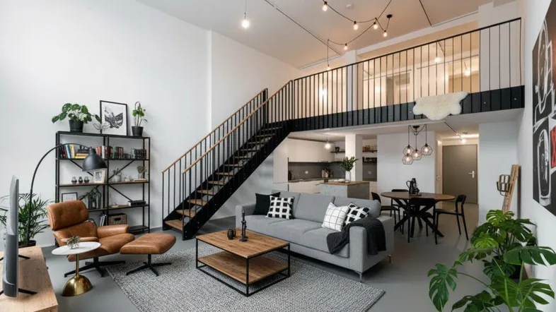 Modernes, offenes Loft mit hohen Decken, Galerie und integrierter Küche, hell und stilvoll eingerichtet.