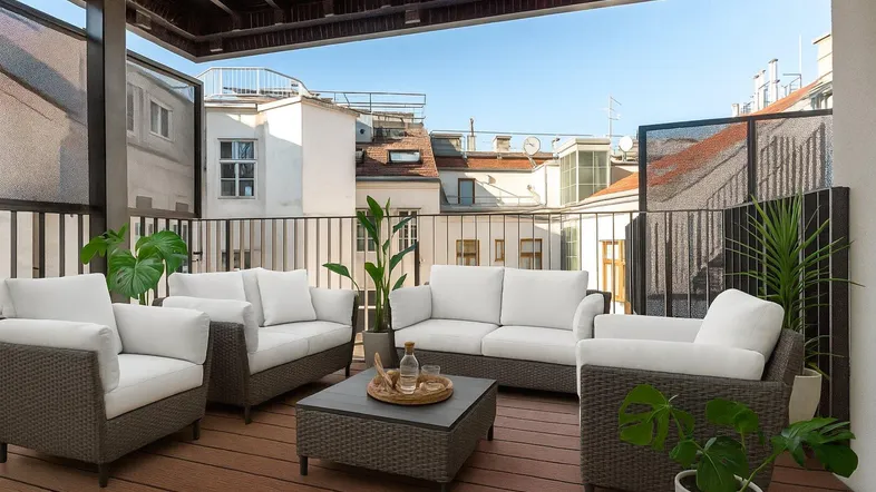 Geräumige Terrasse mit bequemen Loungemöbeln und Blick auf die umliegenden Gebäude.