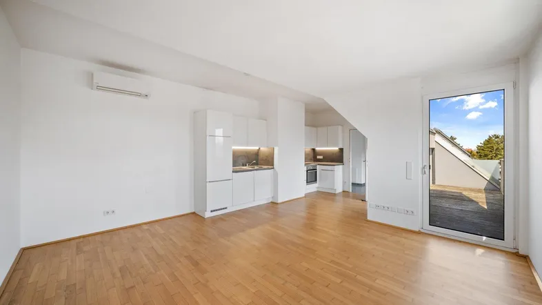 Offener Wohnbereich mit integrierter Küche, Parkettboden und Zugang zur Dachterrasse.