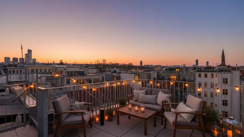 Gemütliche Dachterrasse mit Sitzgelegenheiten und Lichterkette bei Sonnenuntergang und Stadtblick.