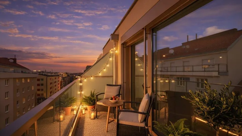Gemütlicher Balkon mit Sitzgelegenheiten und Lichterkette bei Sonnenuntergang mit Stadtblick.