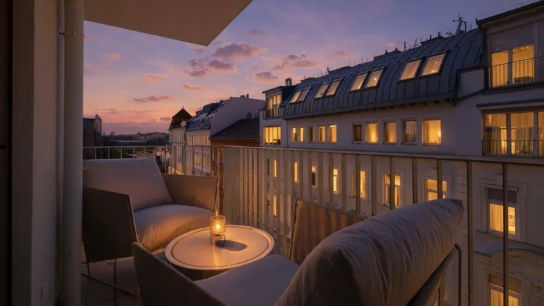 Gemütlicher Balkon mit Sitzgelegenheiten und Blick auf die Stadt bei Sonnenuntergang.