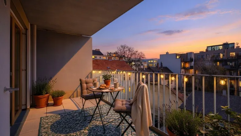 Gemütlicher Balkon mit Sitzgelegenheiten und stimmungsvoller Beleuchtung bei Sonnenuntergang.
