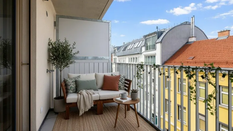 Möblierter Balkon mit gemütlicher Sitzgelegenheit und Blick auf die umliegenden Gebäude.