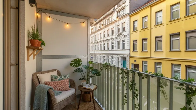 Möblierter Balkon mit Blick auf die Stadt und stimmungsvoller Lichterkette.