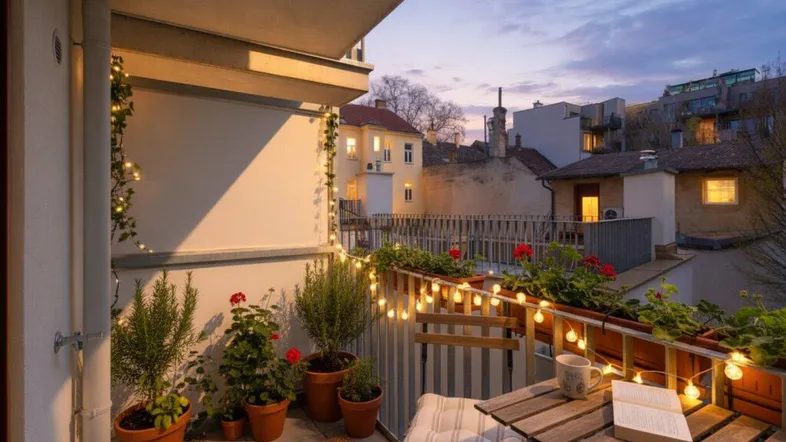 Gemütlicher Balkon am Abend mit Lichterkette, Pflanzen und Sitzgelegenheit, ideal zum Entspannen.